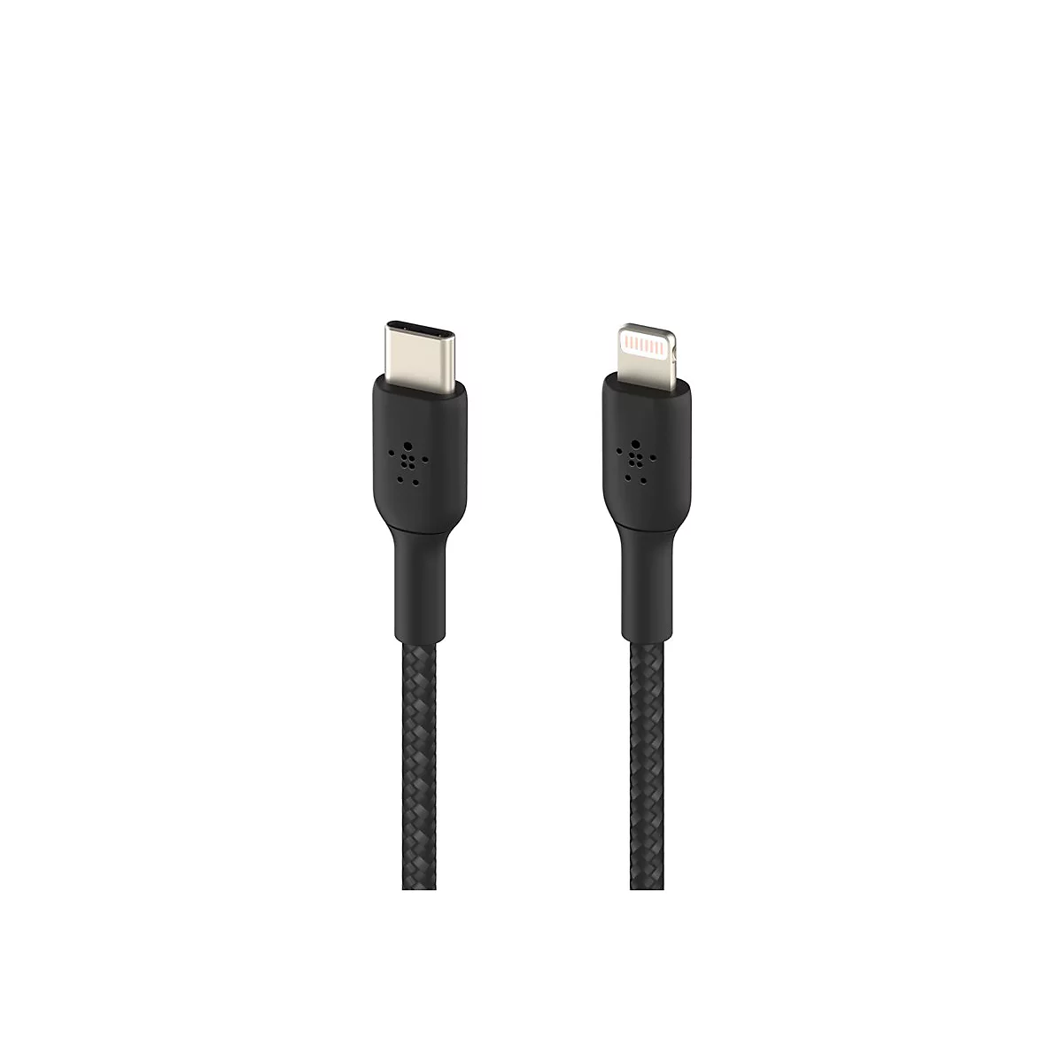 Zwei schwarze Ladekabel. Links: USB-C Stecker. Rechts: Lightning Stecker.