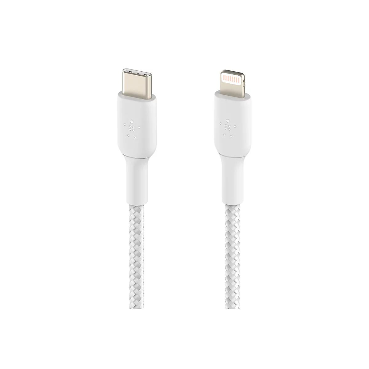 Zwei weiße Ladekabel, links USB-C, rechts Lightning-Anschluss, beide mit geflochtenen Kabeln, vor weißem Hintergrund.