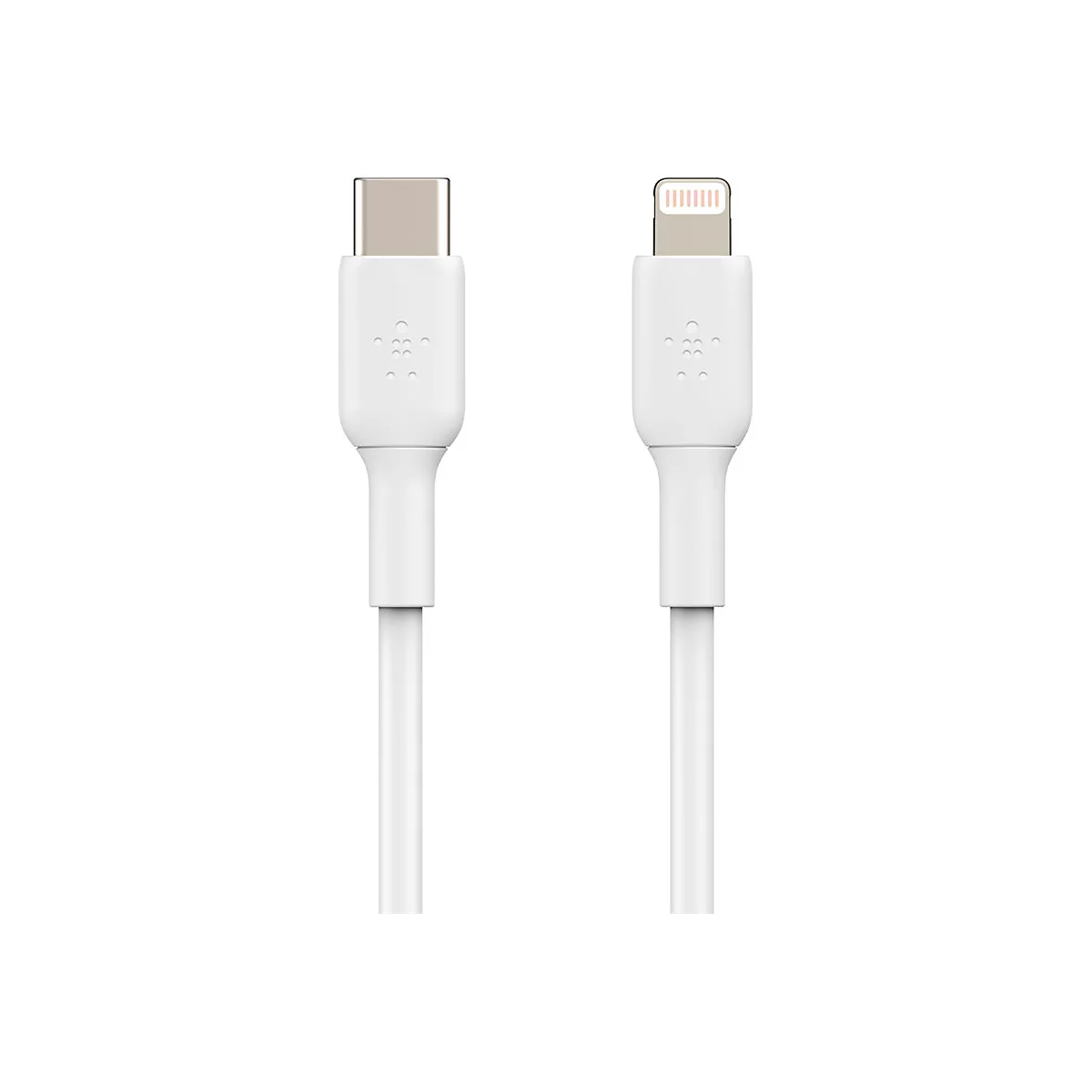 Zwei weiße Ladekabel: USB-C und Lightning, nebeneinander. Links ein USB-C-Anschluss mit Belkin-Logo, rechts ein Lightning-Anschluss.
