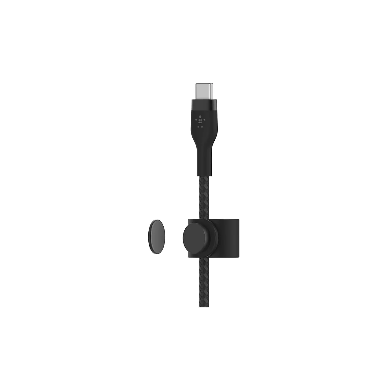 Schwarzes USB-C-Kabel mit integriertem Kabelhalter. Der Halter, ein kleiner Magnet und Kabel sind auf weißem Hintergrund dargestellt.