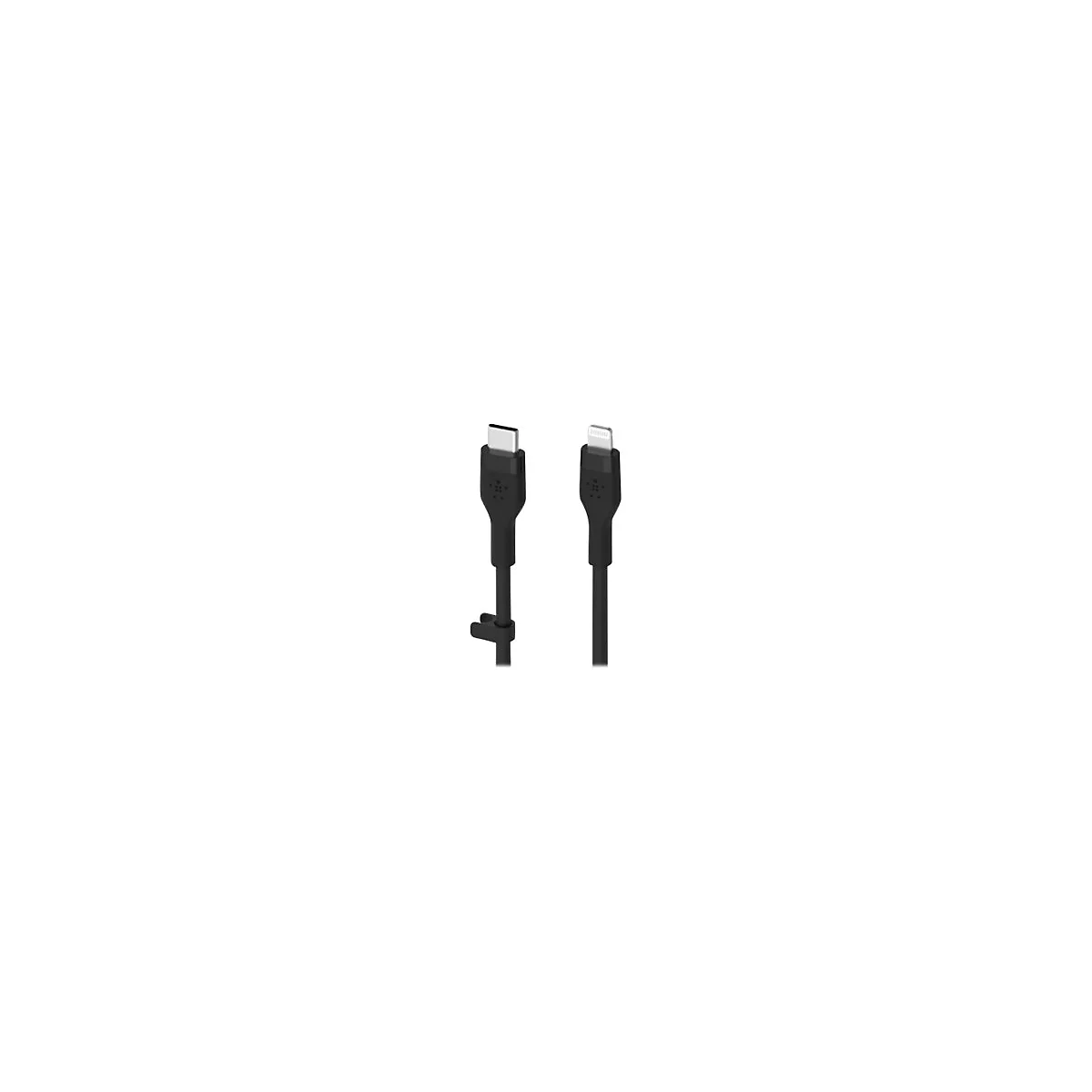 Zwei schwarze Ladekabel: USB-C und Lightning-Anschluss. Belkin-Logo ist erkennbar.
