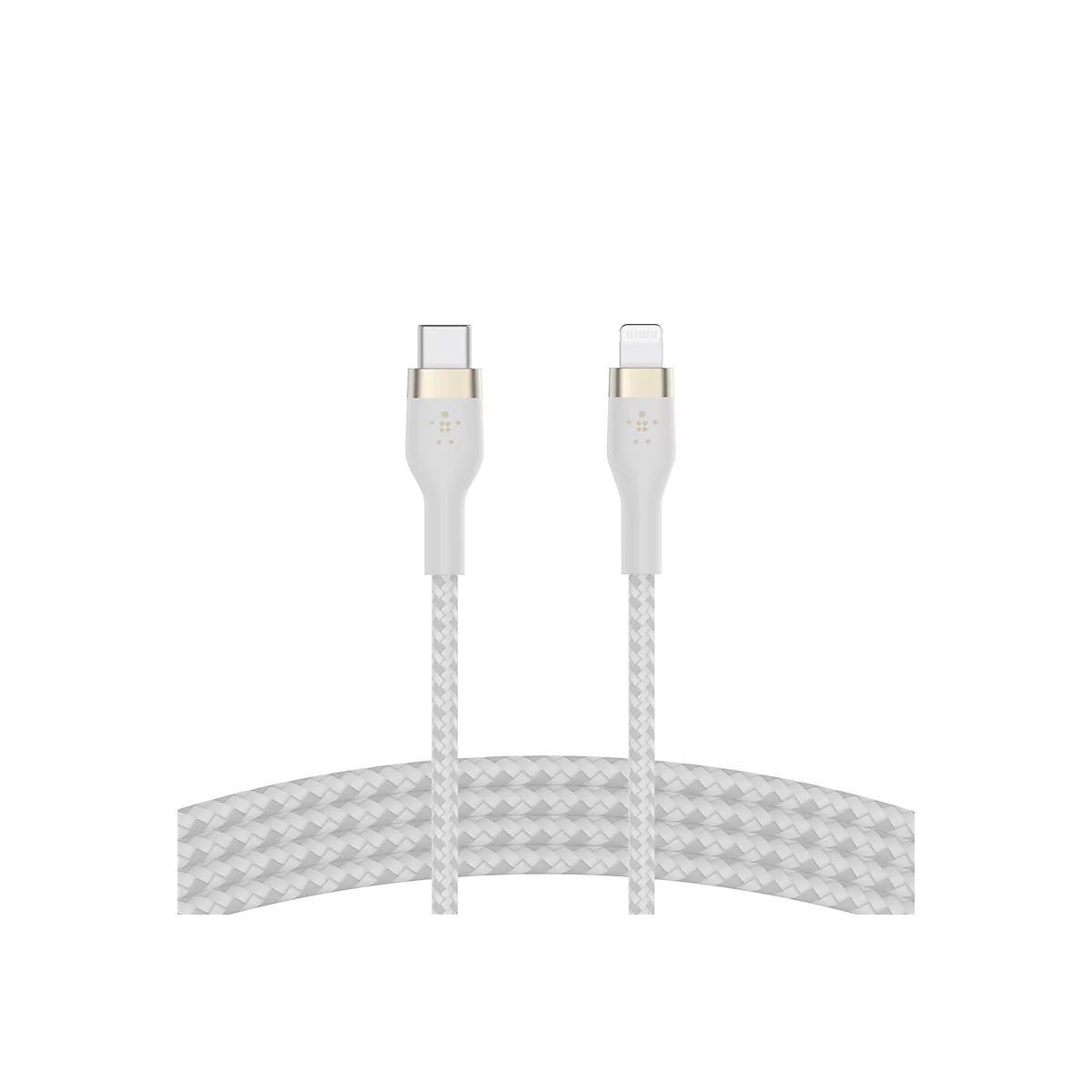 Weißes geflochtenes Ladekabel mit USB-C- und Lightning-Anschlüssen.