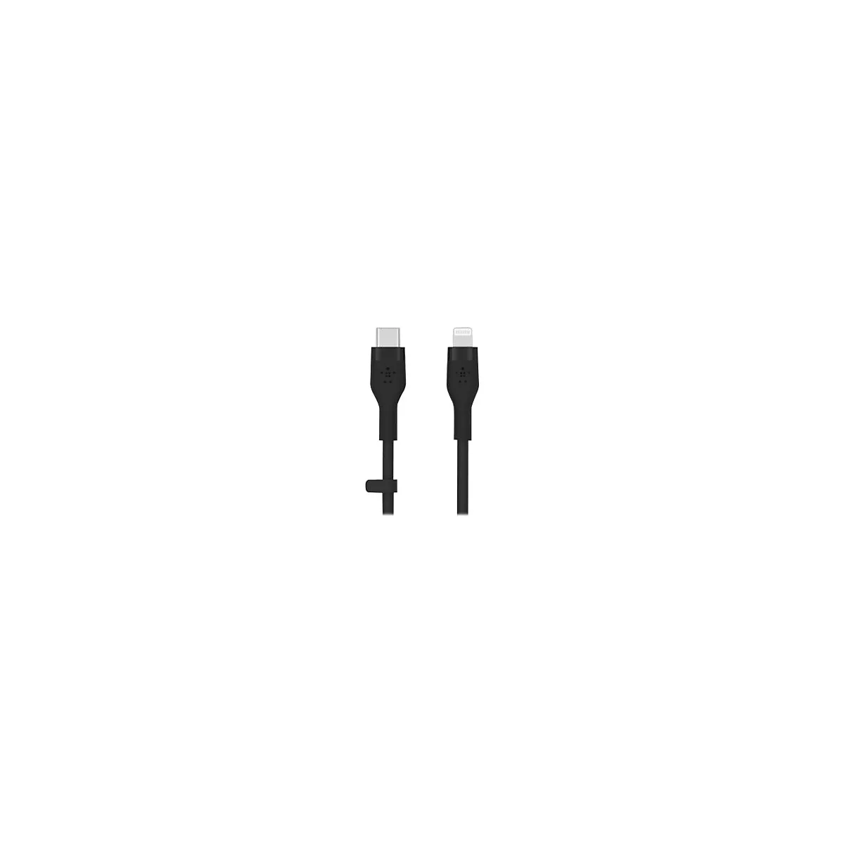 Zwei schwarze Ladekabel: USB-C-Stecker links, Lightning-Stecker rechts. Auf hellem Hintergrund.