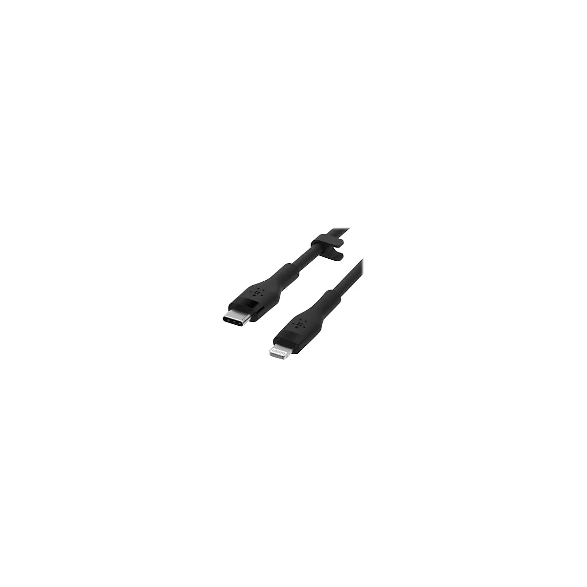 Schwarzes Ladekabel mit USB-C- und Lightning-Anschlüssen. Kabelhalterung. Marke Belkin.