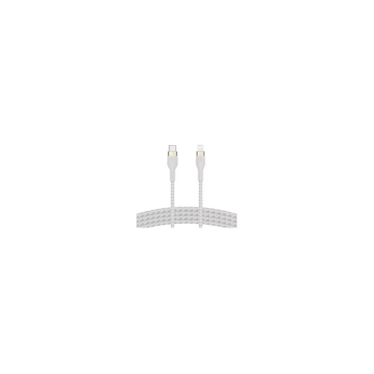 Weißes geflochtenes Ladekabel mit USB-C und Lightning-Anschlüssen, auf weißem Hintergrund.