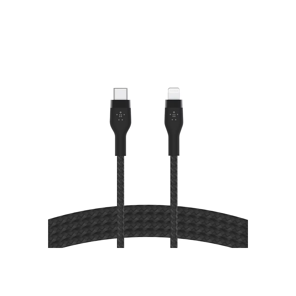 Schwarzes Ladekabel mit USB-C- und Lightning-Anschlüssen, auf weißem Hintergrund.