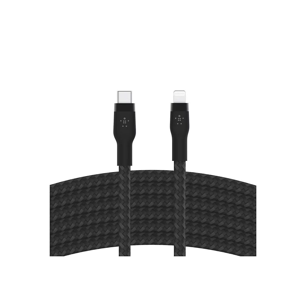 Schwarzes Ladekabel mit USB-C- und Lightning-Anschluss, geflochtenem Kabel, weißer Hintergrund.