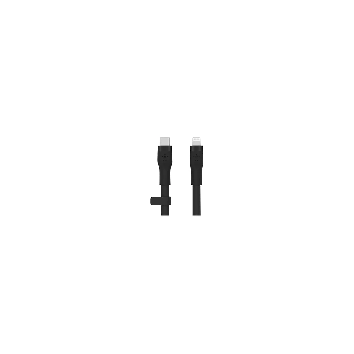Schwarzes USB-C-auf-Lightning-Kabel. Links USB-C-Stecker, rechts Lightning-Stecker. Mit Klettverschluss.