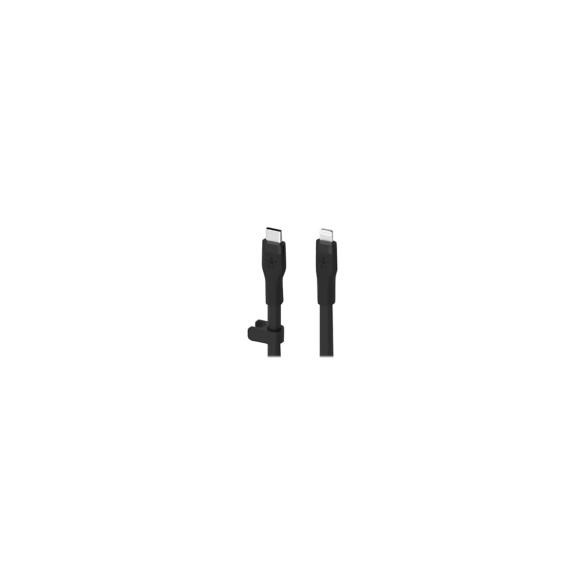 Zwei schwarze Ladekabel: USB-C-Stecker und Lightning-Stecker. Beide haben das Belkin-Logo.