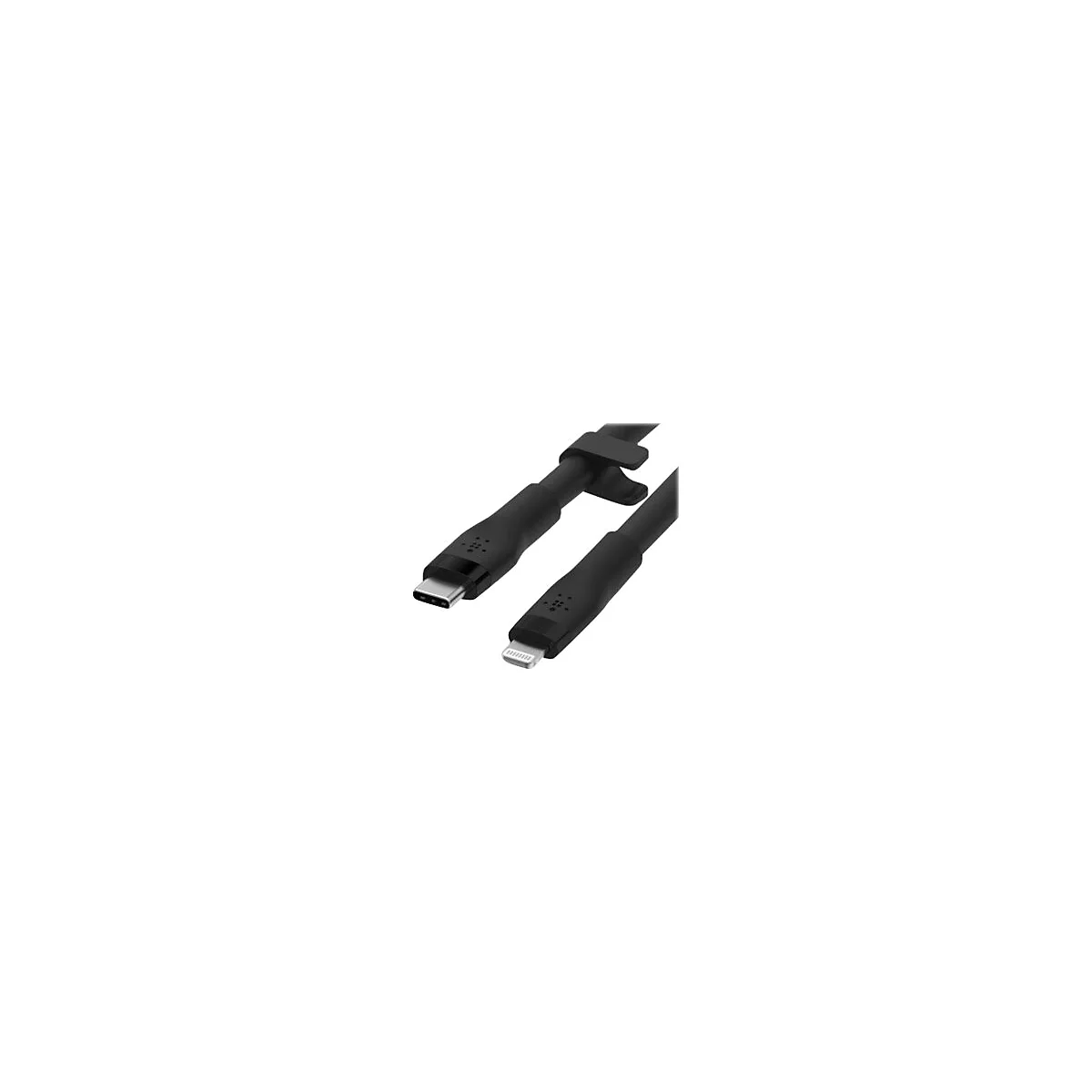 Schwarzes Ladekabel mit USB-C und Lightning-Anschlüssen.