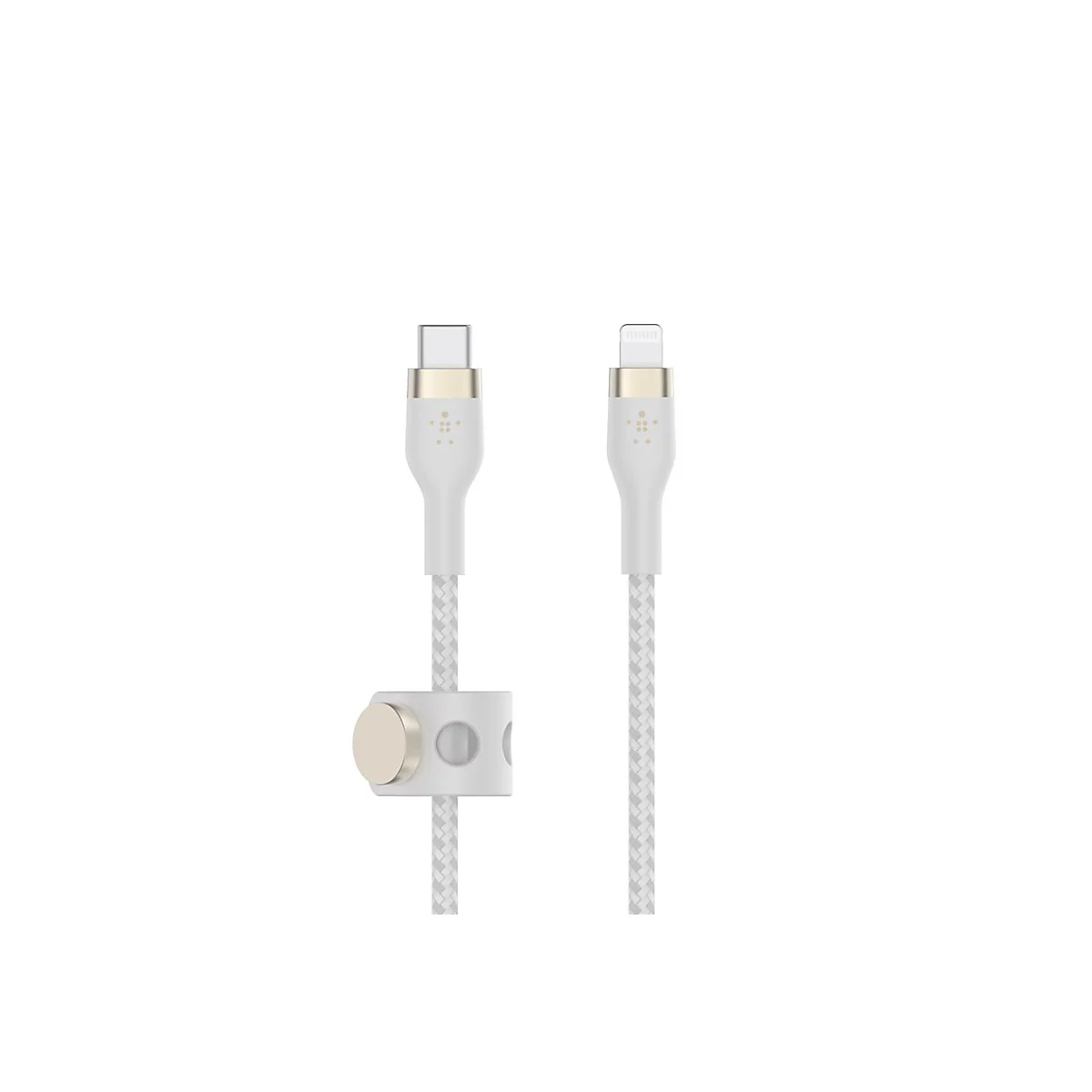 Weißes Ladekabel mit USB-C und Lightning-Anschluss, geflochtenes Kabel, weißer Halter.