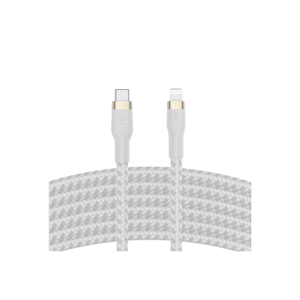 Zwei weiße Ladekabel mit unterschiedlichen Anschlüssen; geflochtenes Kabel, weißer Hintergrund.