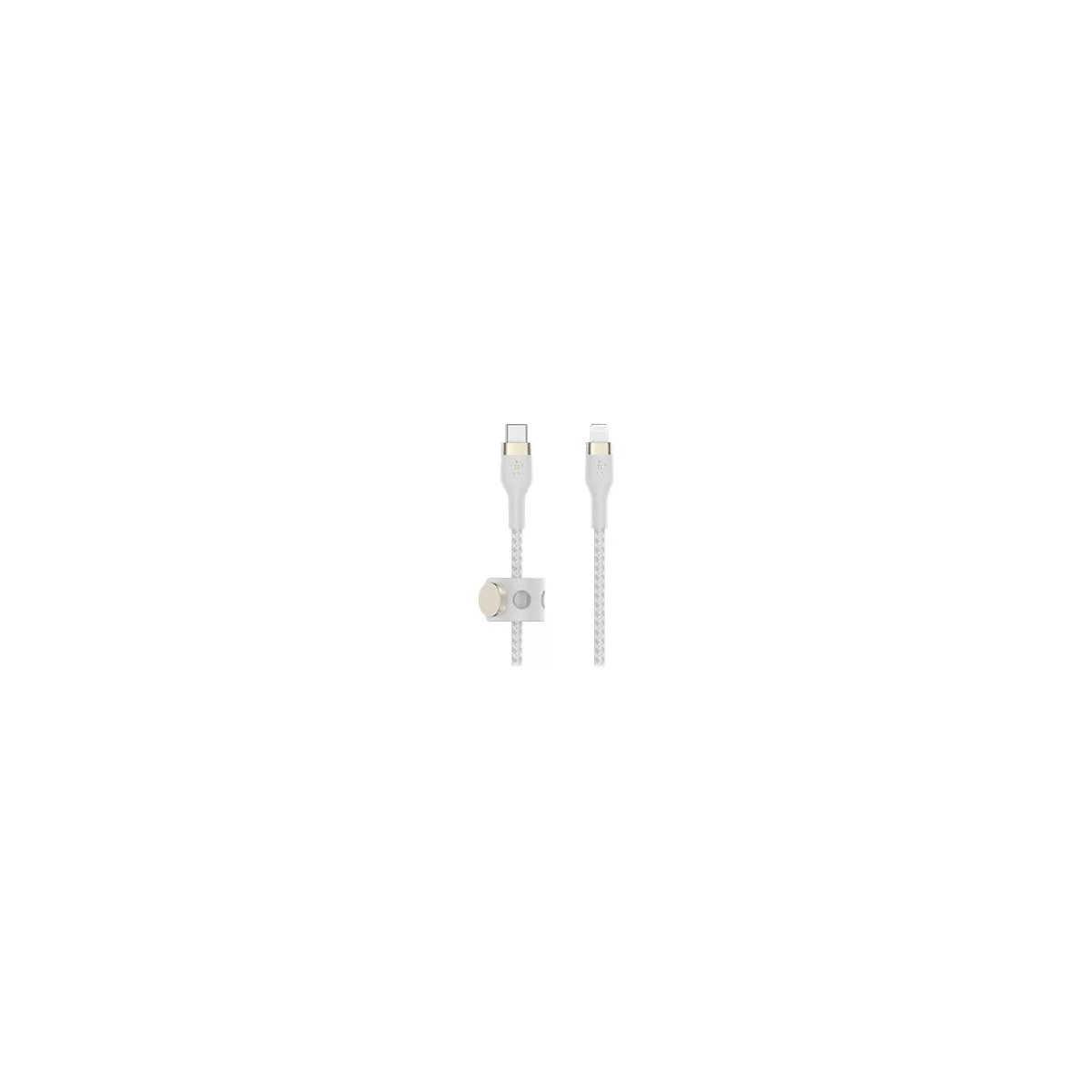 Zwei weiße Ladekabel mit goldfarbenen Akzenten. Ein Kabel mit USB-C-Anschluss, das andere mit Lightning-Anschluss. Beide Kabel mit geflochtenem Muster.