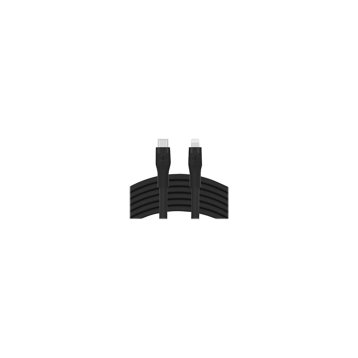 Schwarzes Ladekabel, ein Ende USB-C, das andere Lightning.