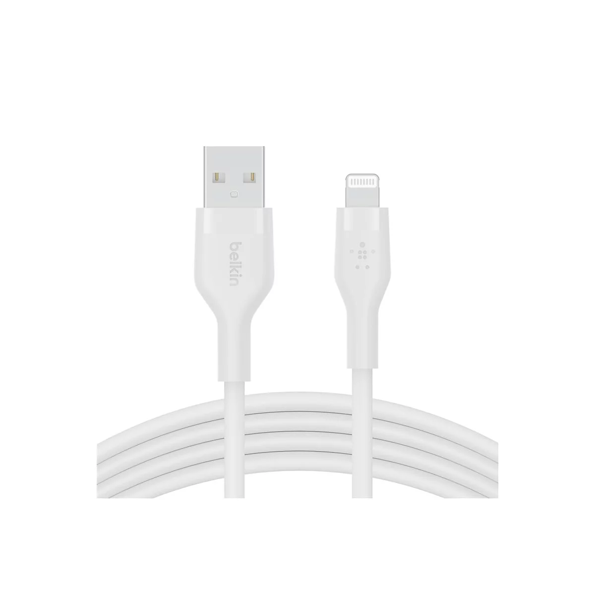 Weißes Lightning-Kabel von Belkin. Ein Ende ist USB, das andere Lightning.