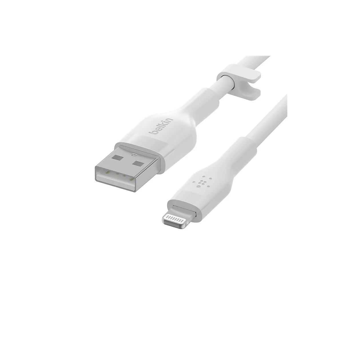 Weißes Lightning-Kabel von Belkin, USB-A Stecker und Lightning Anschluss.