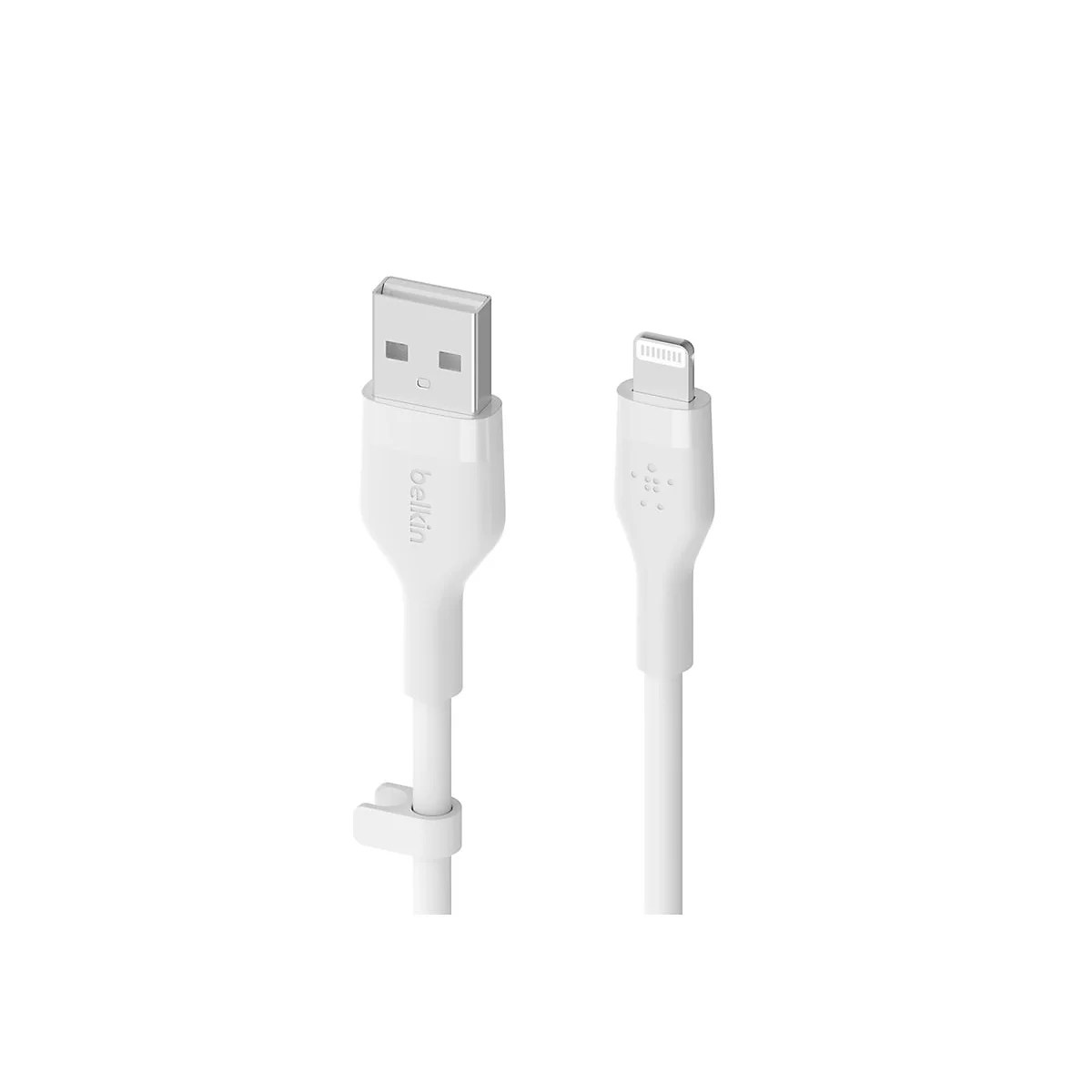 Weißes Lightning-auf-USB-Kabel, mit Belkin-Logo. USB-A- und Lightning-Anschlüsse deutlich erkennbar.