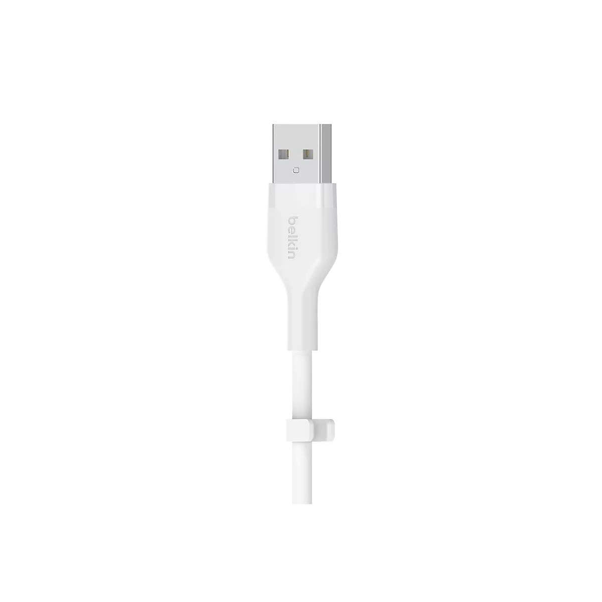 Weißes USB-Kabel, Belkin-Logo, Kabelhalterung.