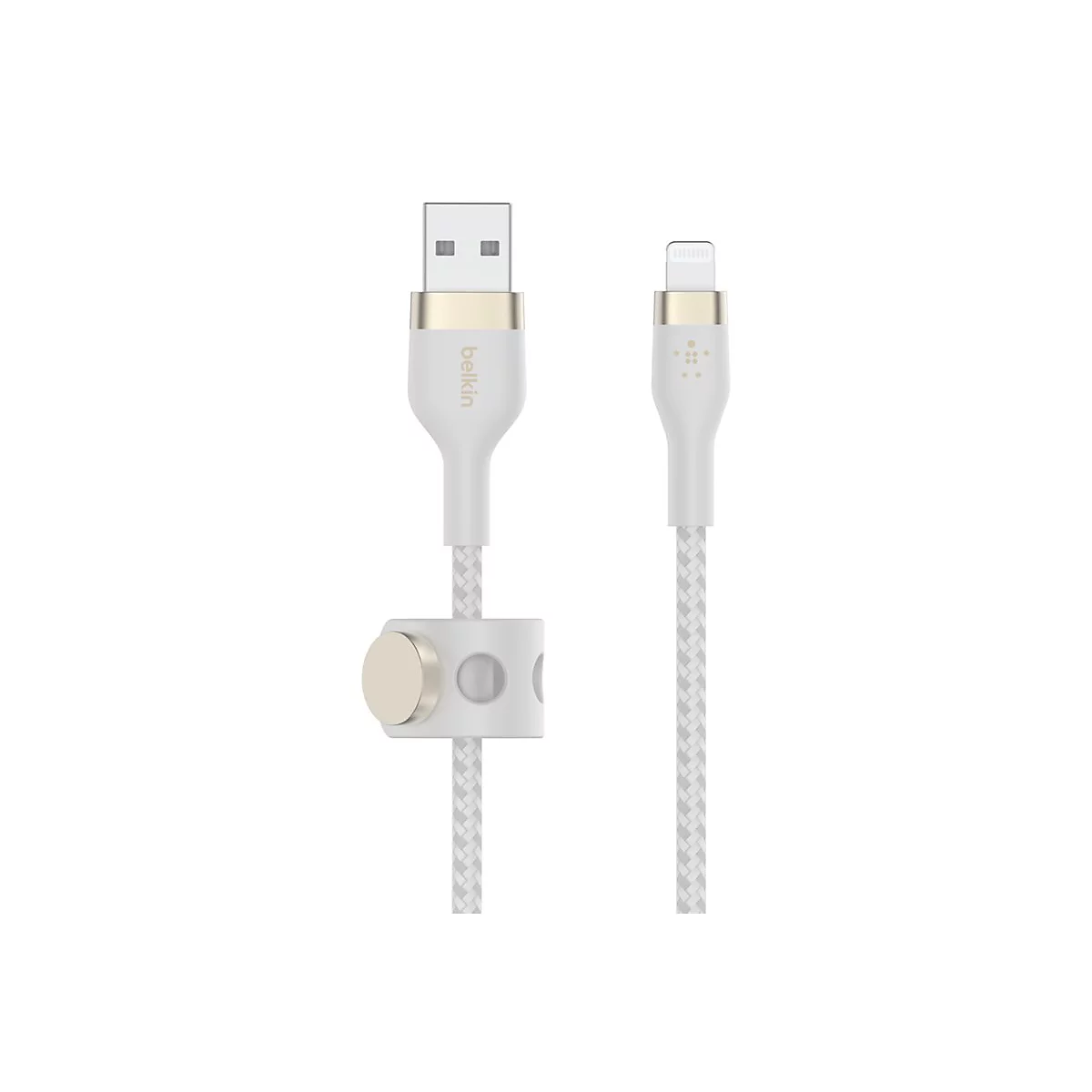 Weißes Lightning-Kabel mit geflochtenem Kabel. USB-A-Stecker und Lightning-Anschluss, mit Halterung. Belkin-Logo.