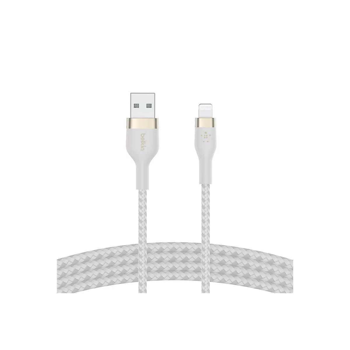 Weißes Lightning-Kabel von Belkin. Geflochtenes Kabel, USB-A- und Lightning-Anschluss.