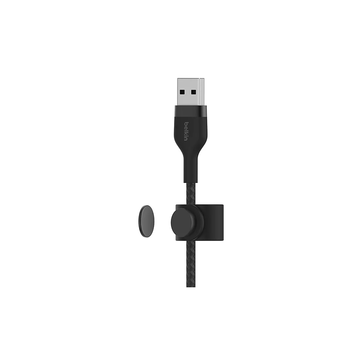 Ein schwarzes USB-Kabel mit der Aufschrift "Belkin" und einer Kabelführung.