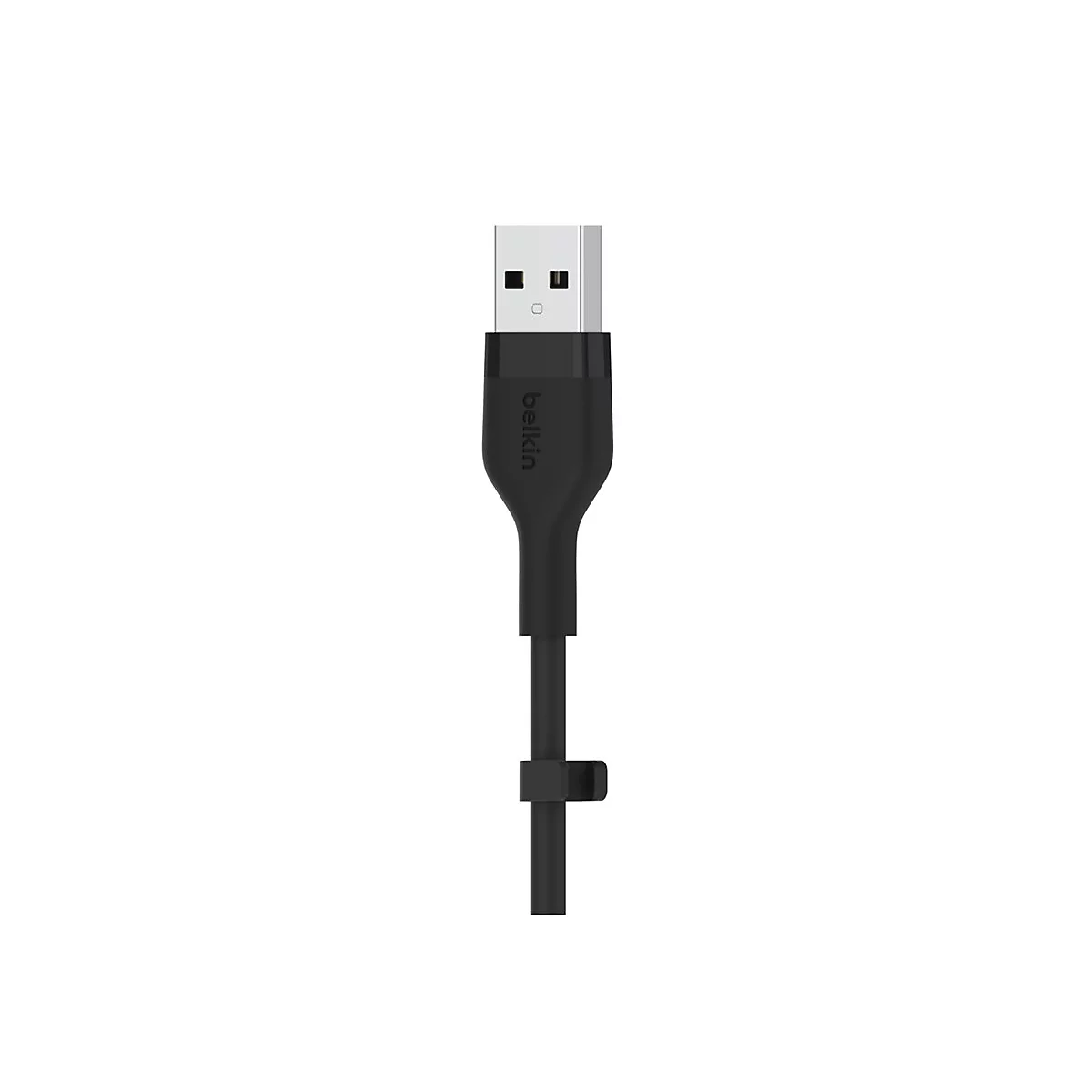Schwarzes USB-Kabel von Belkin. Weißer USB-A-Stecker, schwarzes Kabel mit Belkin-Logo und Kabelbinder.