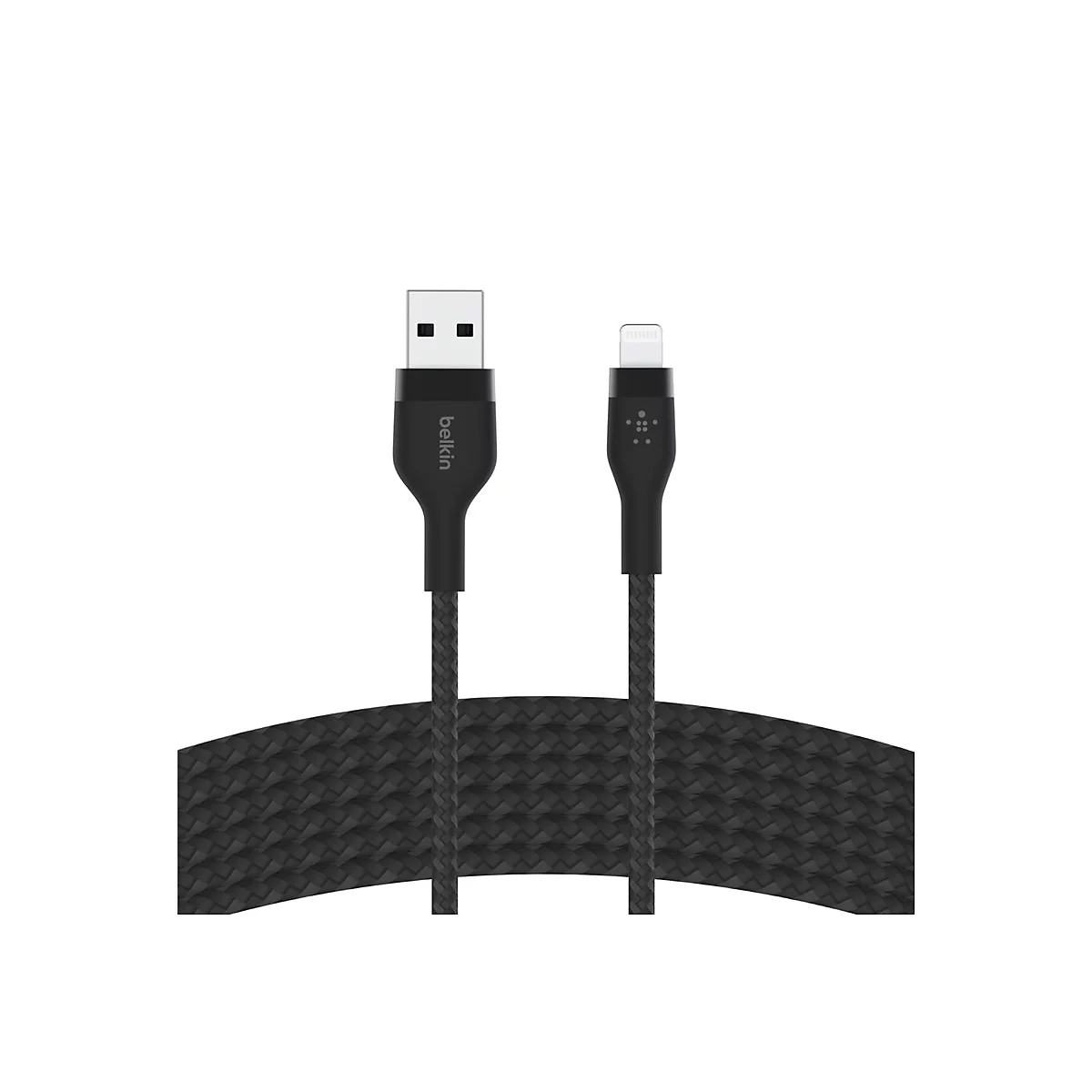 Schwarzes Ladekabel, Belkin-Logo. USB-A- und Lightning-Anschlüsse, geflochtenes Kabel.
