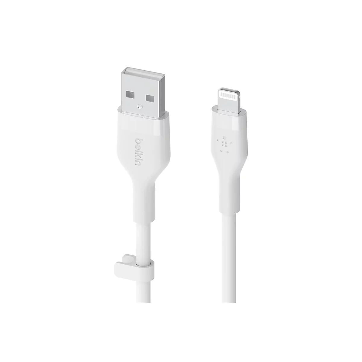 Weißes Belkin USB-A auf Lightning Ladekabel mit Kabelbinder vor weißem Hintergrund.