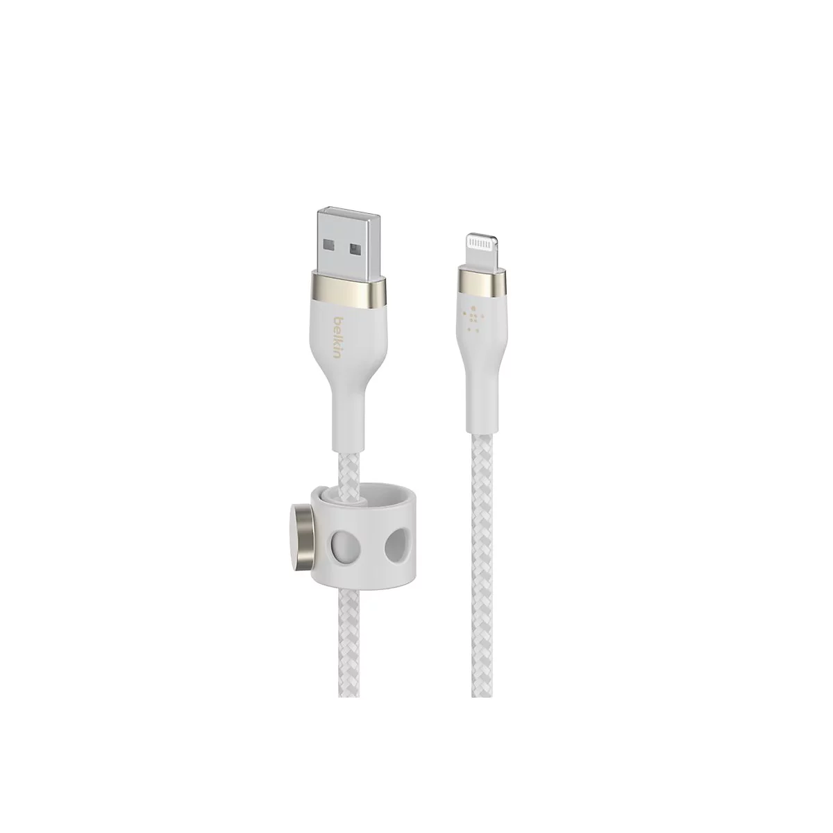 Weißes USB-Ladekabel mit Lightning-Anschluss. Beide Enden sind sichtbar, einschließlich des Kabelhalters.