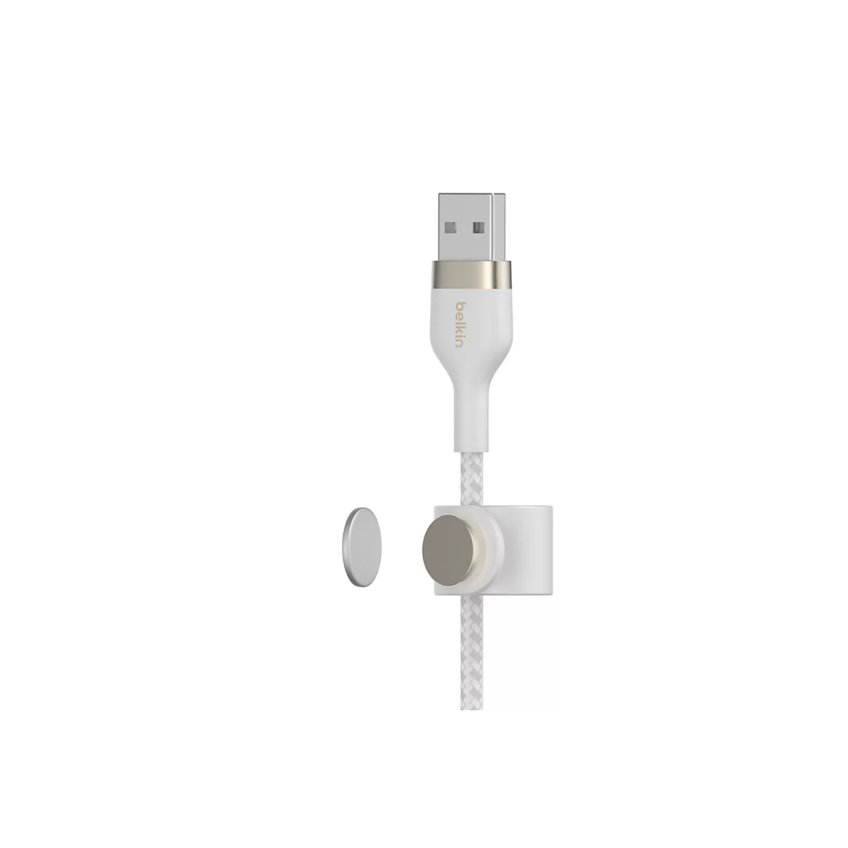 Weißes USB-Kabel mit magnetischem Kabelclip auf weißem Hintergrund.