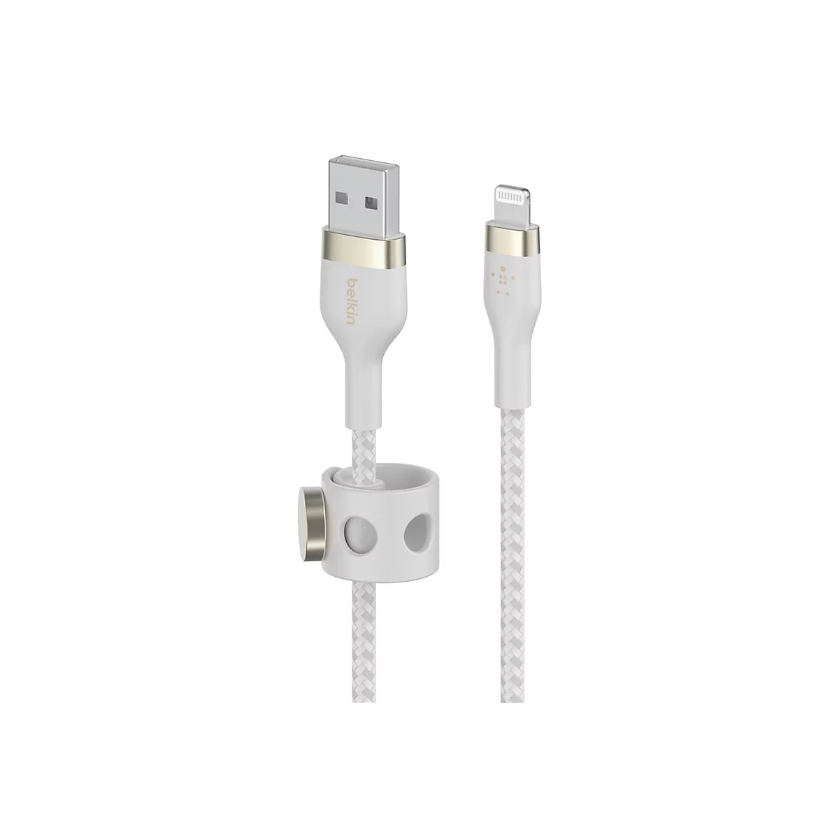 Weißes USB-Ladekabel mit Lightning-Anschluss und Zubehör. Belkin-Logo.