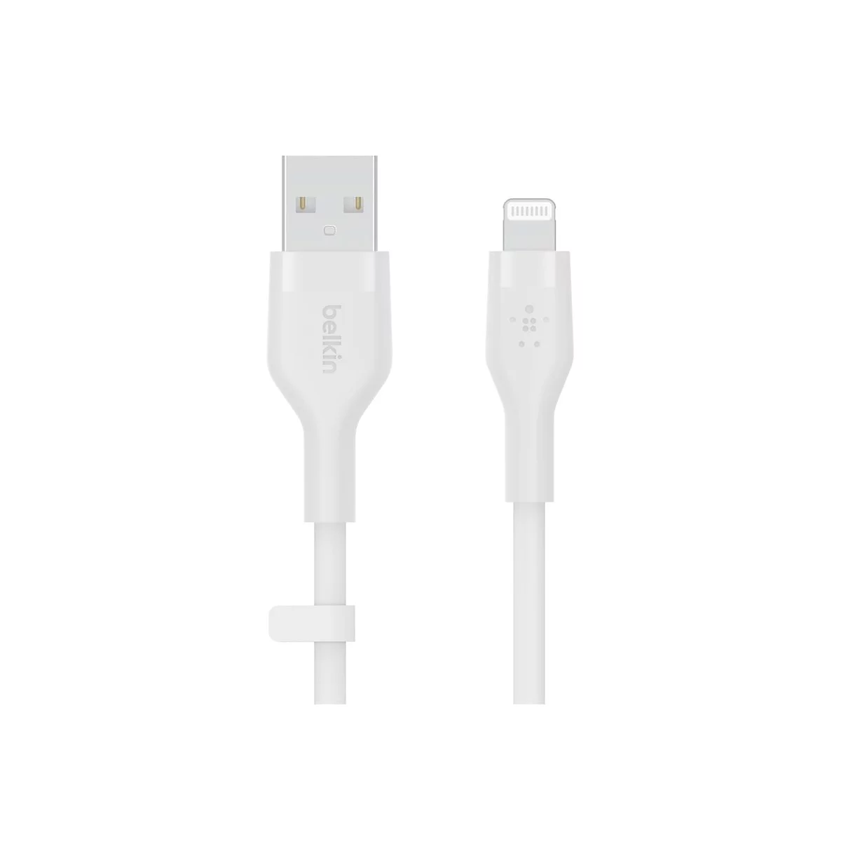 Weißes Belkin USB-A auf Lightning Ladekabel mit Kabelbinder auf weißem Grund.