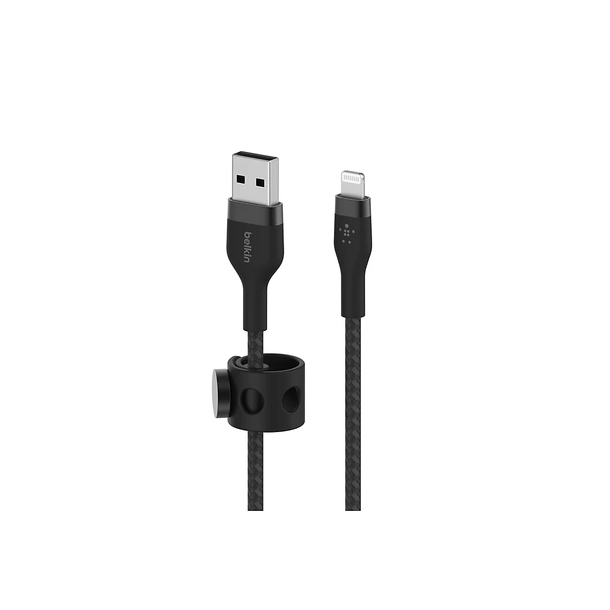 Schwarzes USB-zu-Lightning-Kabel mit Markenlogo von Belkin. Das Kabel hat ein geflochtenes Design, einen Kabelbinder und einen Metallstecker.