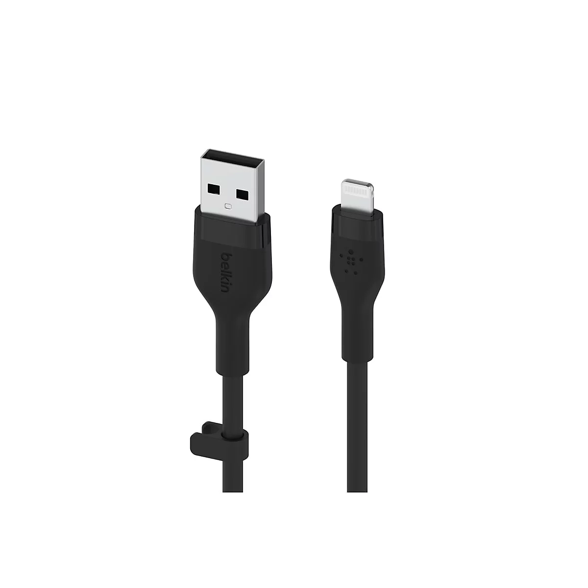 Ein schwarzes Ladekabel mit USB- und Lightning-Anschlüssen. Der Schriftzug "belkin" ist auf dem Kabel zu sehen.