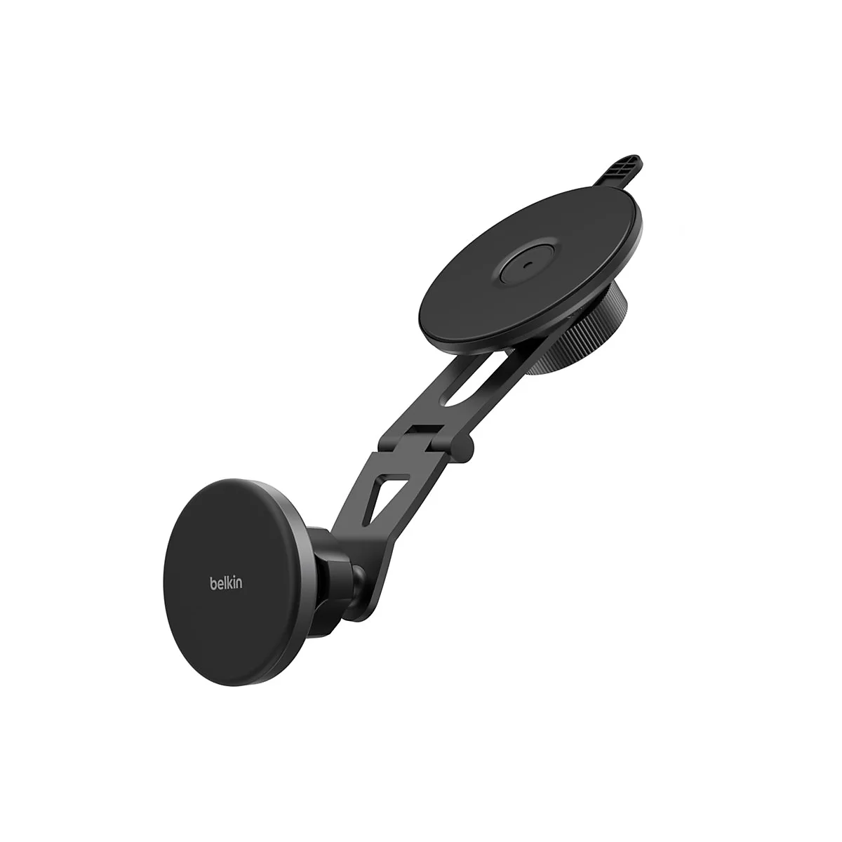 Support de téléphone Belkin noir. Support magnétique rond et bras réglable.
