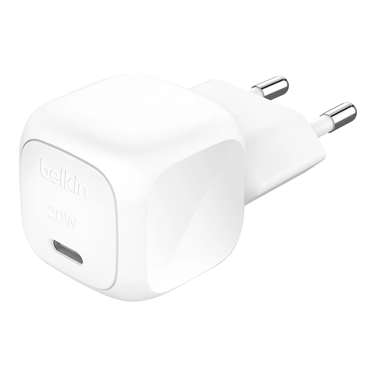 Weißes Belkin-Ladegerät mit 20W Leistung. Es hat einen EU-Stecker und einen USB-C-Anschluss.