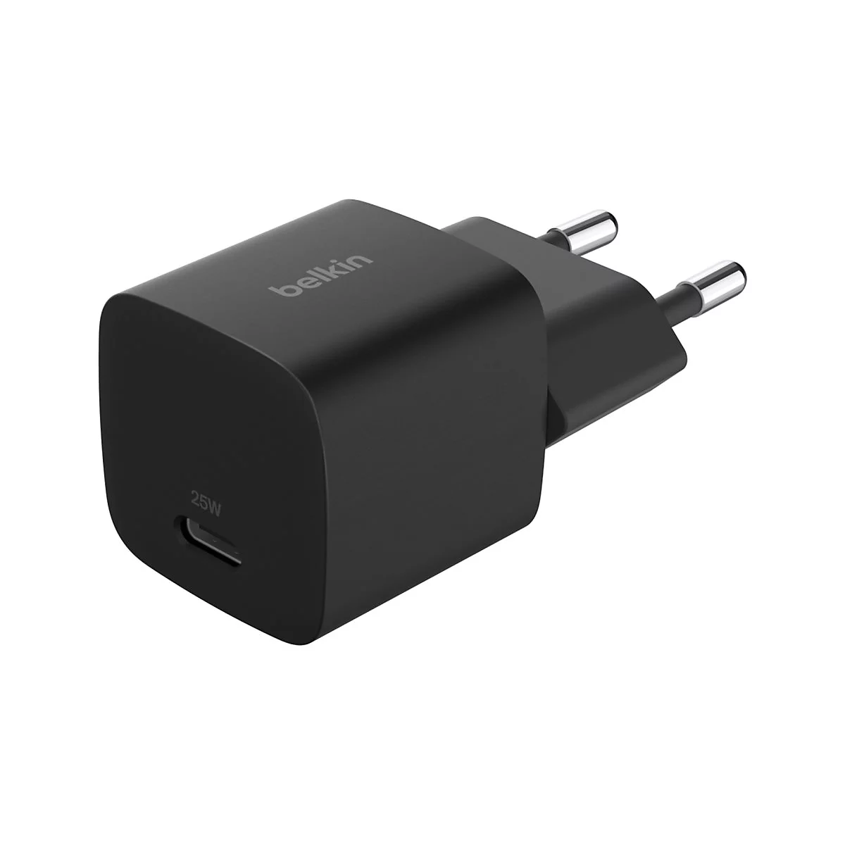 Schwarzes Belkin-Ladegerät mit 25W-Aufdruck. Es hat einen USB-C-Anschluss und einen Stecker für die Steckdose.