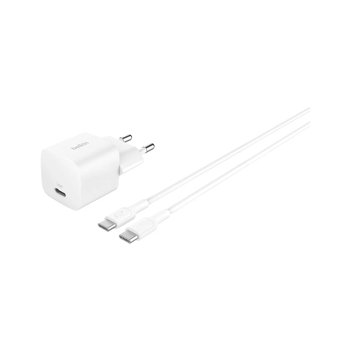 Weißes Belkin-Ladegerät mit USB-C-Kabel; 25W Schriftzug. Hellgrauer Hintergrund.