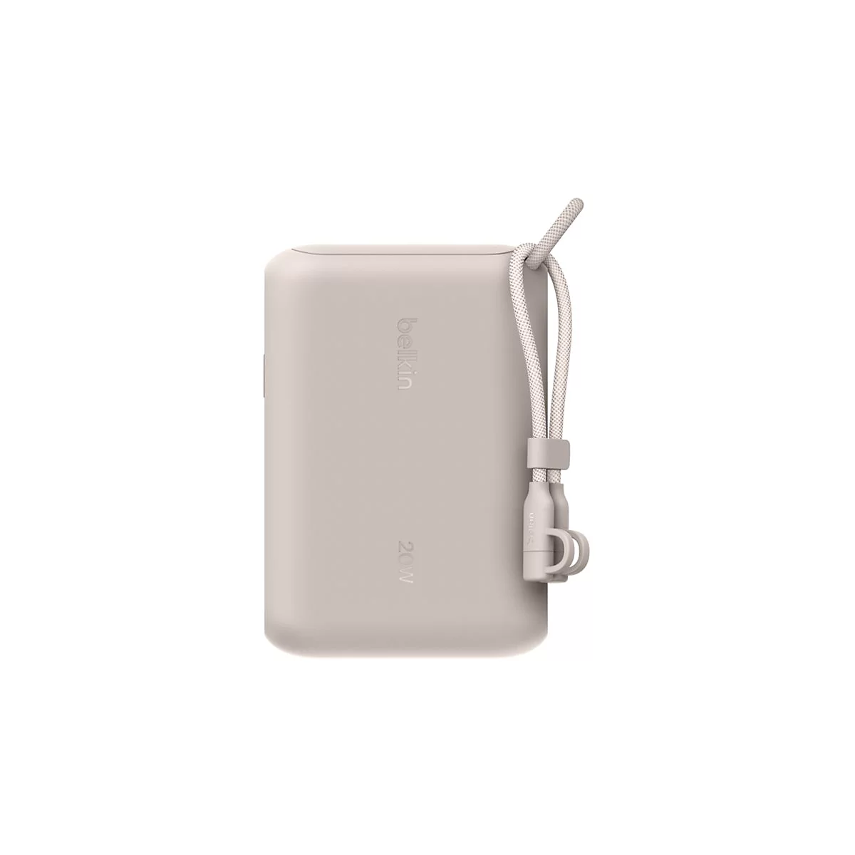 Batterie externe beige avec logo Belkin et impression 20W. Avec dragonne.