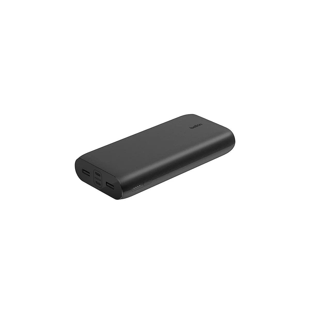 Schwarze Powerbank mit USB-Anschlüssen und Belkin-Logo auf weißem Hintergrund.