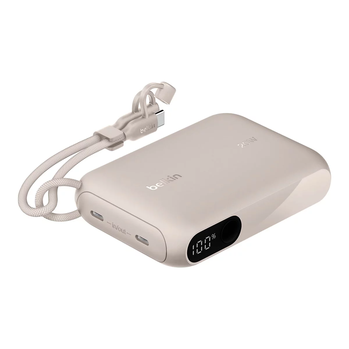Beige Powerbank von Belkin, USB-C Kabel, 20W. Akkuanzeige: 100%.