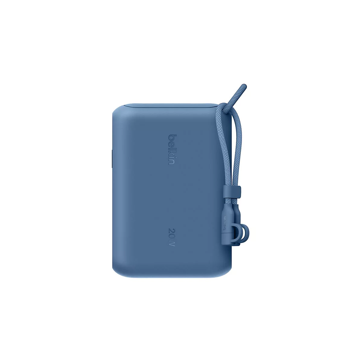 Batterie externe Belkin bleue de 20W avec une dragonne sur fond blanc.