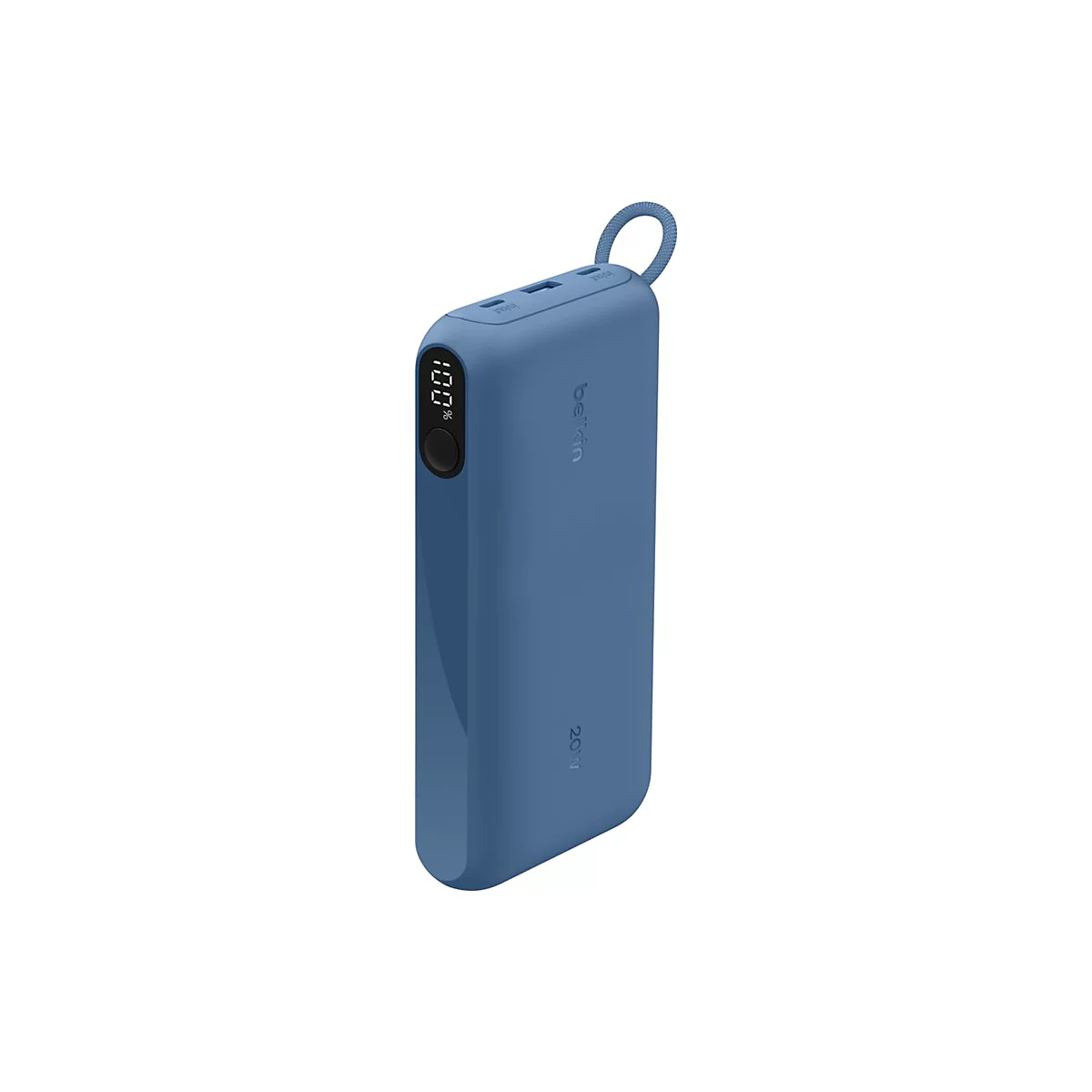 Batterie externe Belkin bleue avec 100 % de charge, un bouton noir et une boucle pour suspendre.