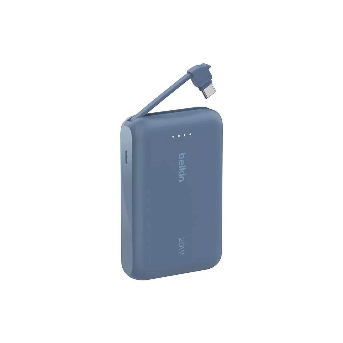 Blaues Belkin Powerbank mit USB-C Kabel; vier LED-Leuchten zeigen den Ladestatus.