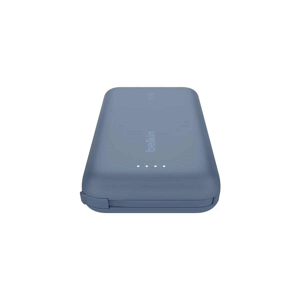 Batterie externe Belkin bleue de 20W, avec des LED blanches et le logo Belkin.
