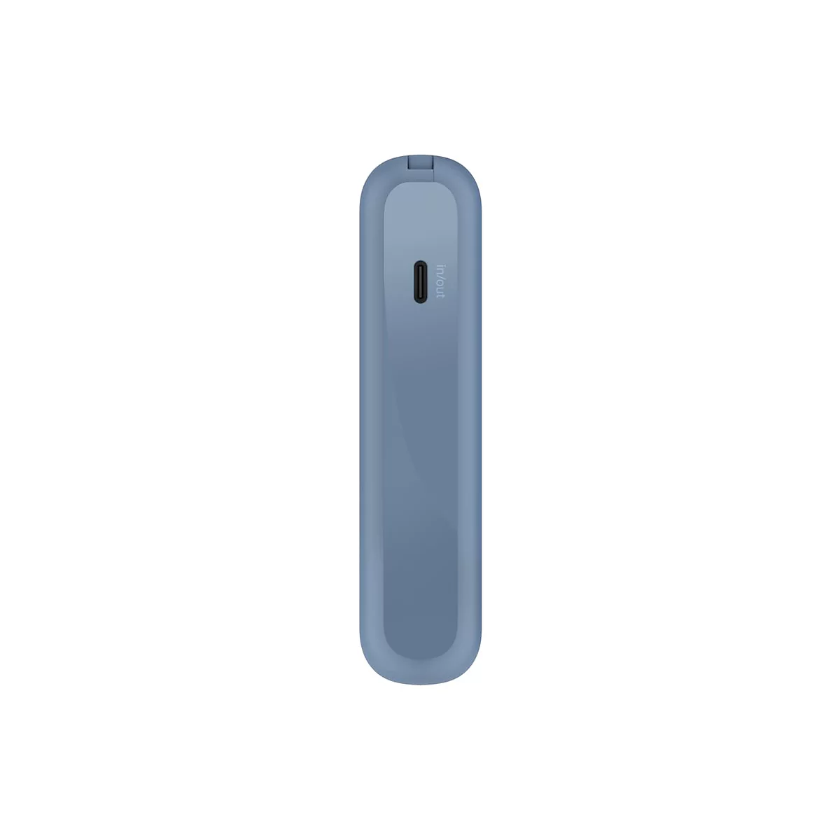 Appareil bleu et oblong avec texte 'In/Out'.