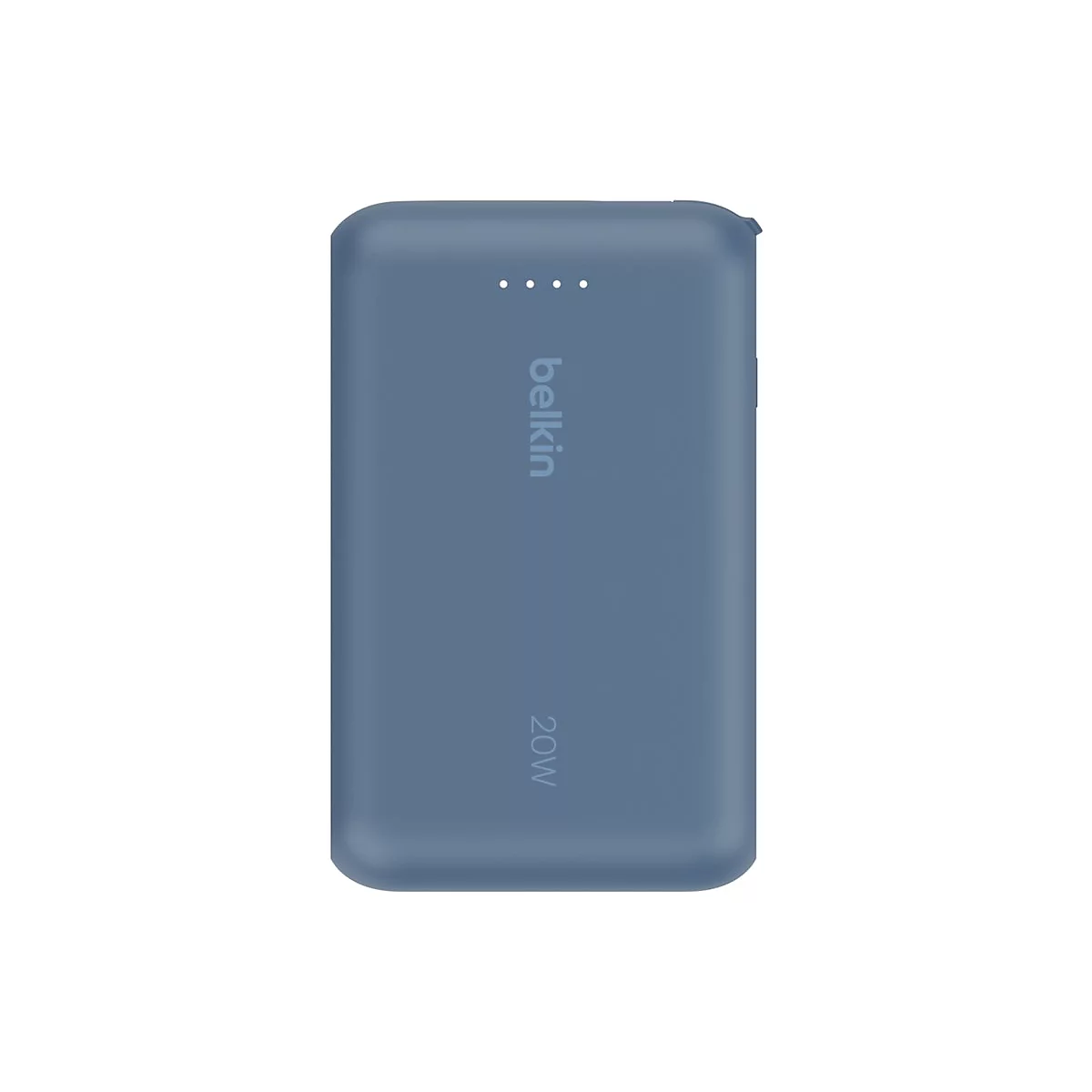 Batterie externe Belkin bleue avec quatre points indicateurs de charge et impression 20W.