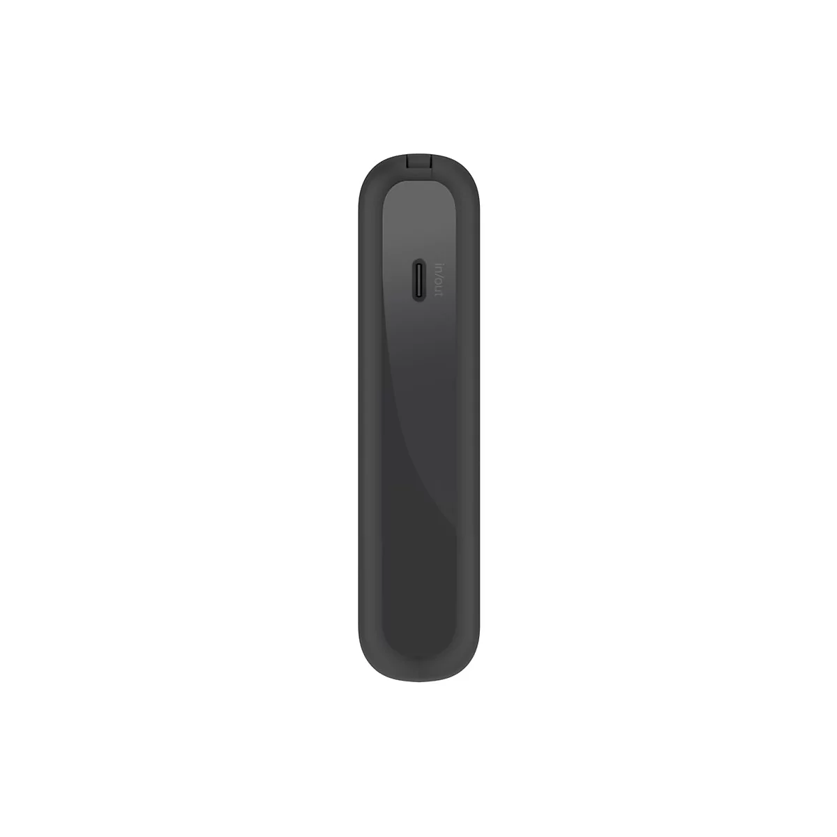 Appareil noir et allongé avec 'In/Out' et port USB-C, sur fond blanc.