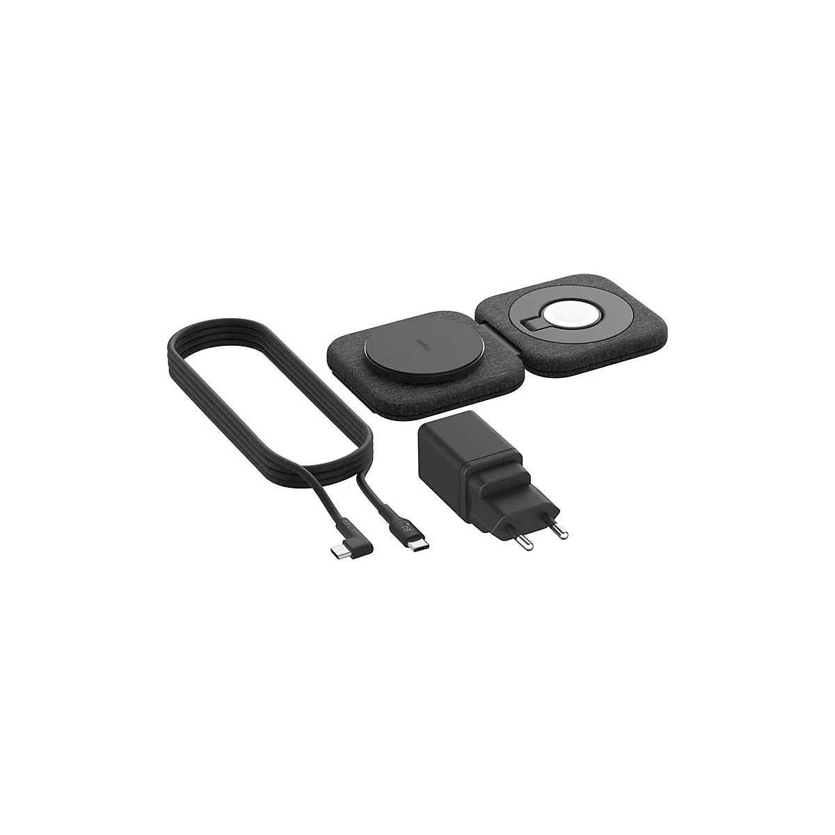 Chargeur sans fil pour iPhone et Apple Watch. Comprend des socles de charge, un câble et un adaptateur secteur, tous noirs.