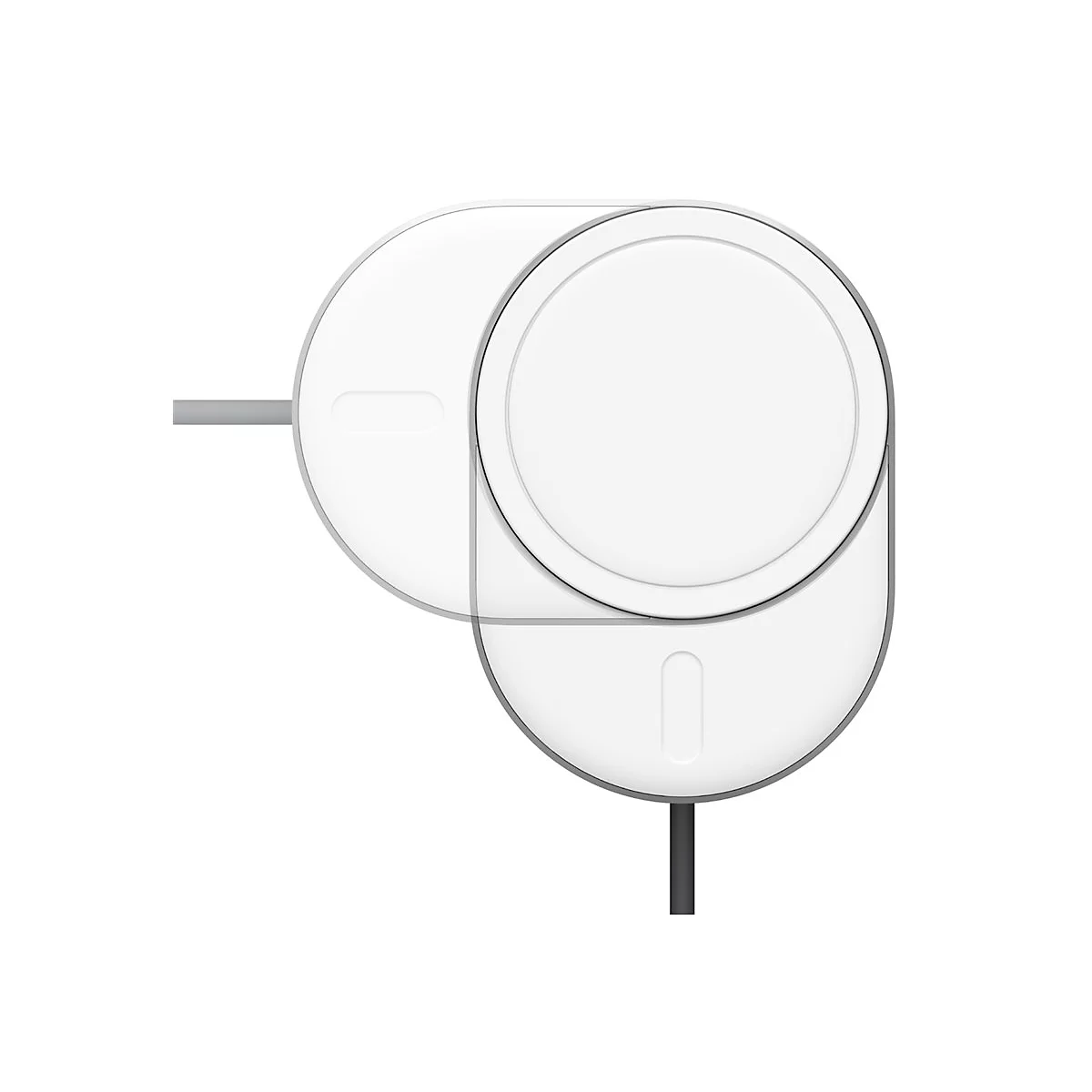Un chargeur blanc et circulaire avec un bord gris et un câble noir connecté en biais.